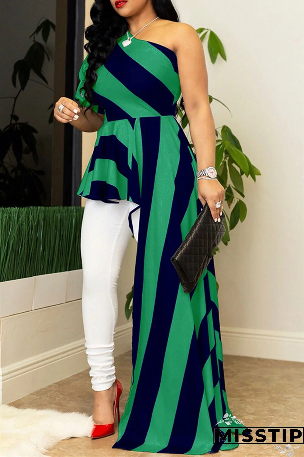 Green Fashion Striped Print Single Sleeve Top