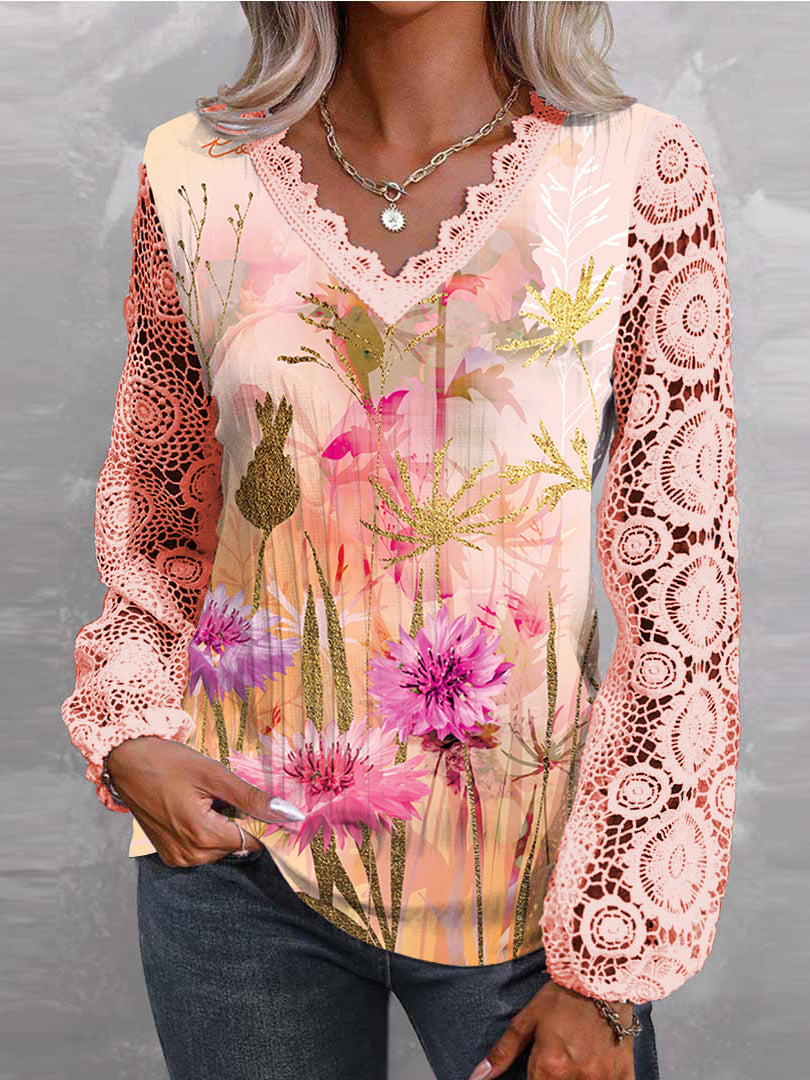 Women Long Sleeve V-neck Floral Printed Graphic Lace Tops