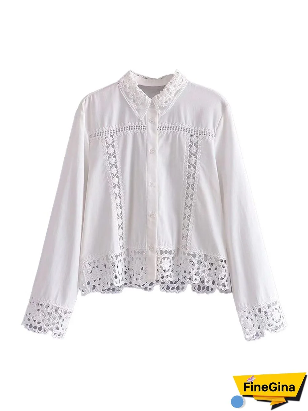 New Sweet Fashion Crochet Patchwork Top Vintage Long Sleeve Button Blouse Chic Top