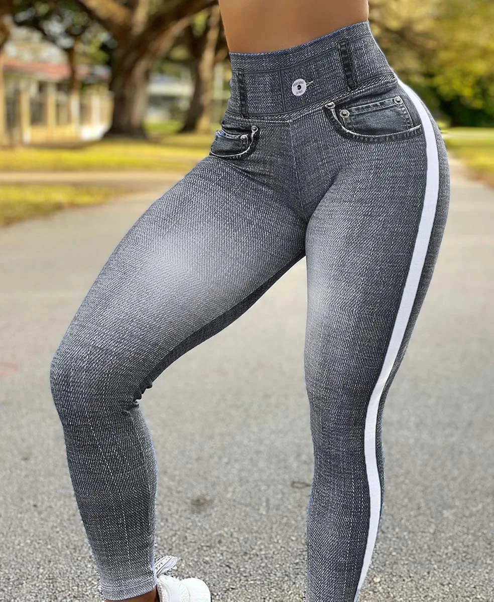 Zeusesim Imitation Denim Leggings Fitness Skinny High Waist Legging Women Summer Sexy High Elastic Bodycon Sports Yoga Pants Streetwear