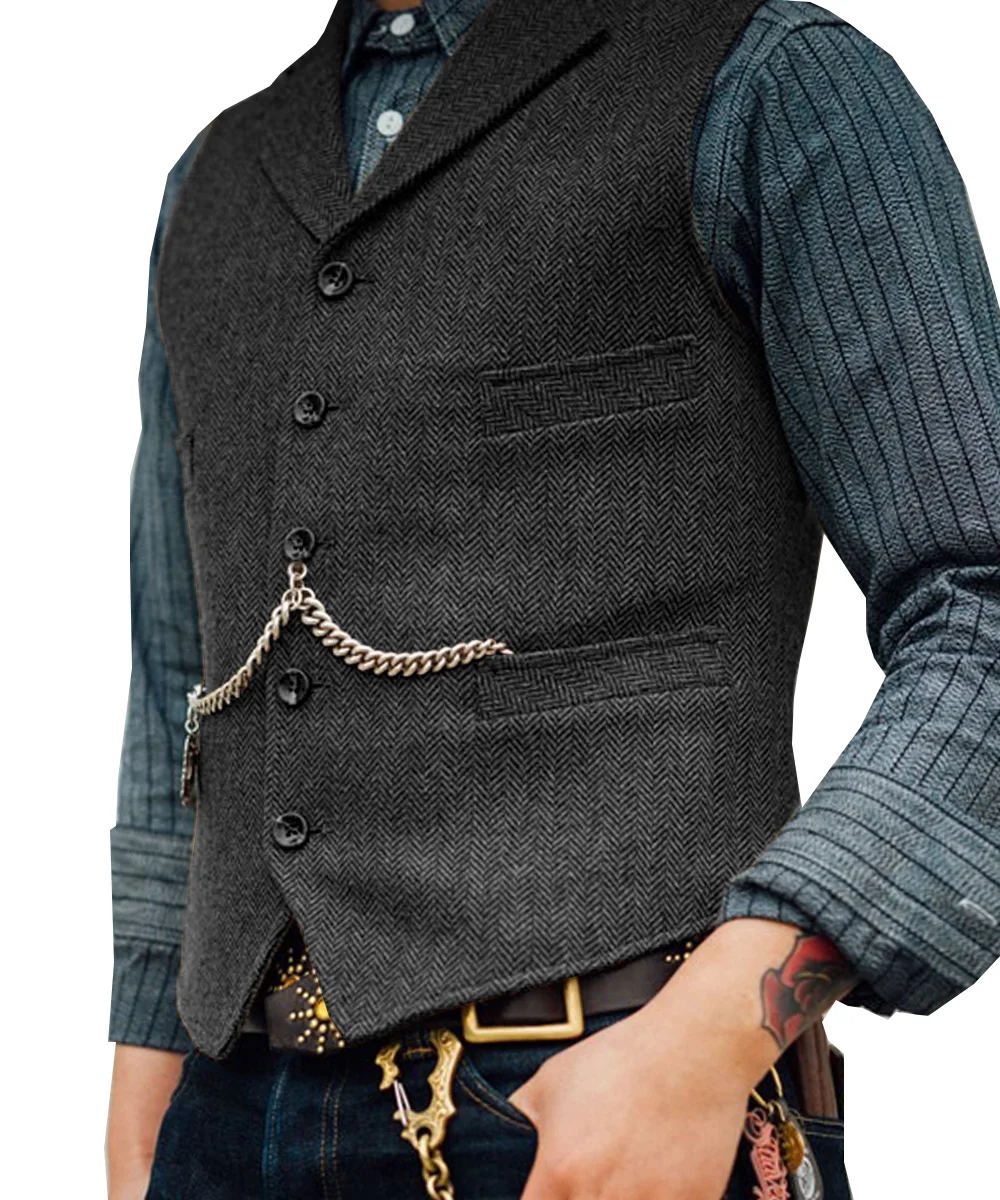 Men's Lapel V Neck Wool Herringbone Casual Waistcoat Formal Groomsman Business Suit Vest For Wedding