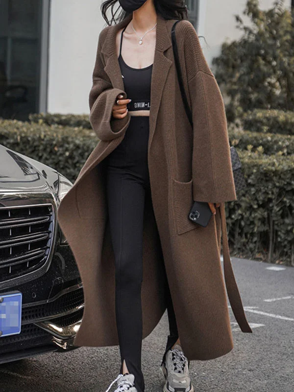 Pockets Solid Color Tied Waist Long Sleeves Loose Notched Collar Cardigan Coats