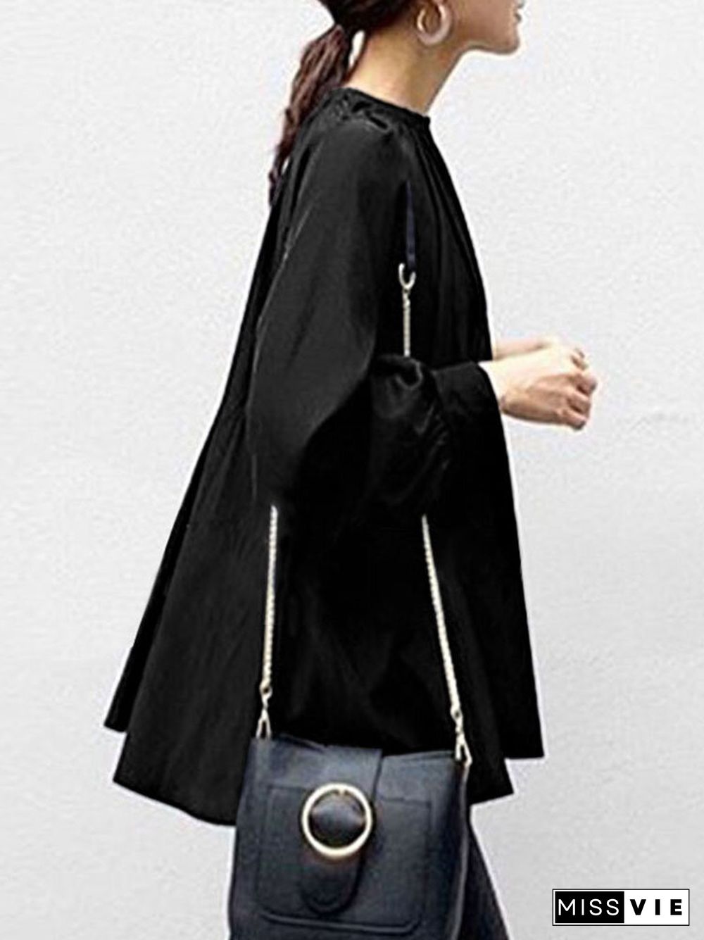 Solid Color Puff Sleeve Stand Collar Blouse