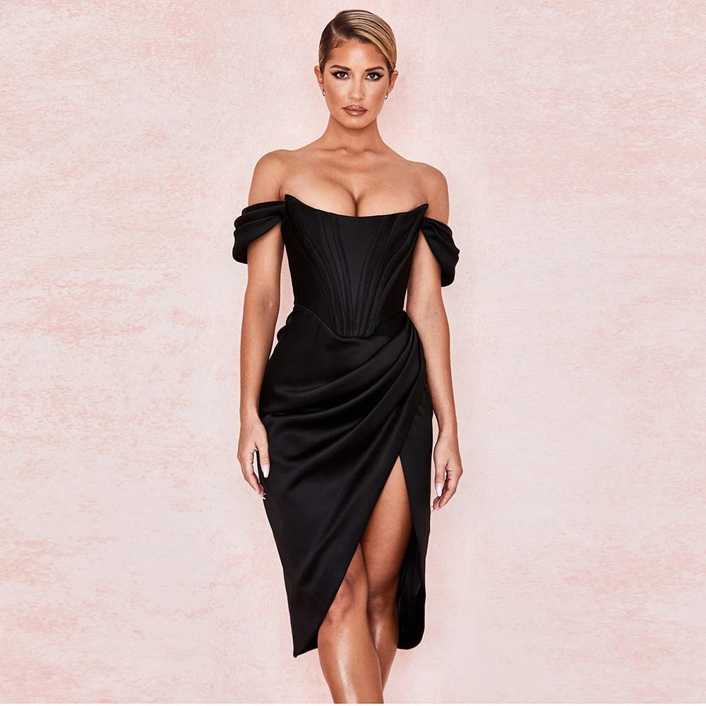 Cryptographic Off Shoulder Sexy Strapless Split Corset Satin Dresses Fashion 2021 Bodycon Dress Women Party Night Club Elegant