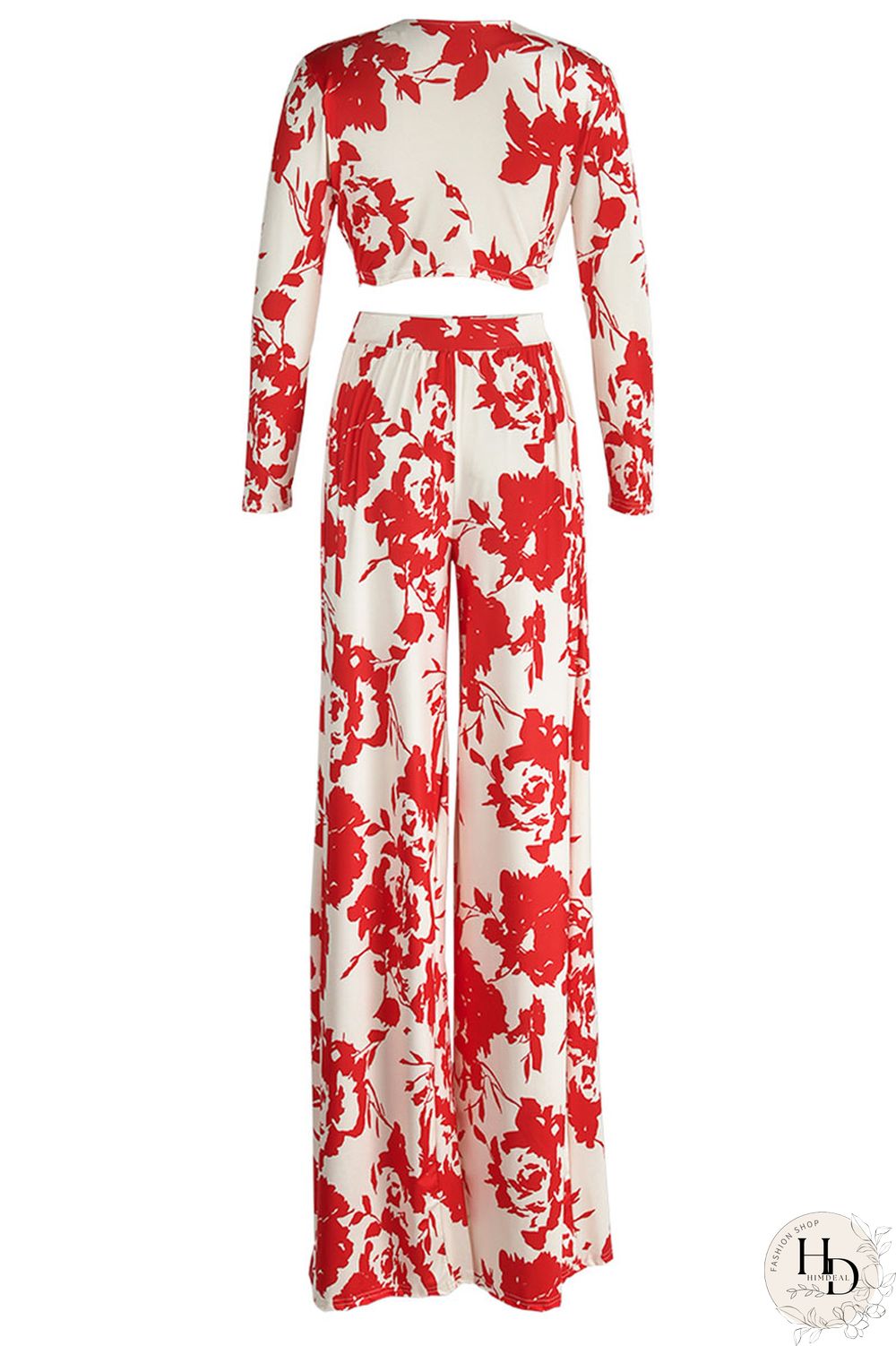 Red Casual Print Patchwork Oblique Collar Long Sleeve Two Pieces