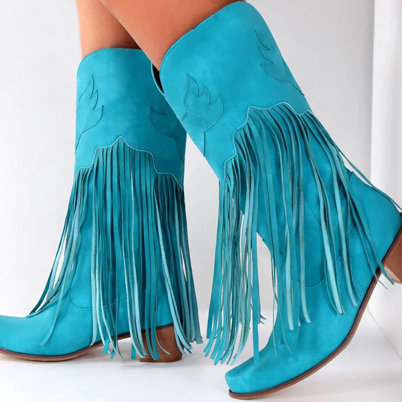 Blue Pointed Boots Tassel Western Ankle Boots