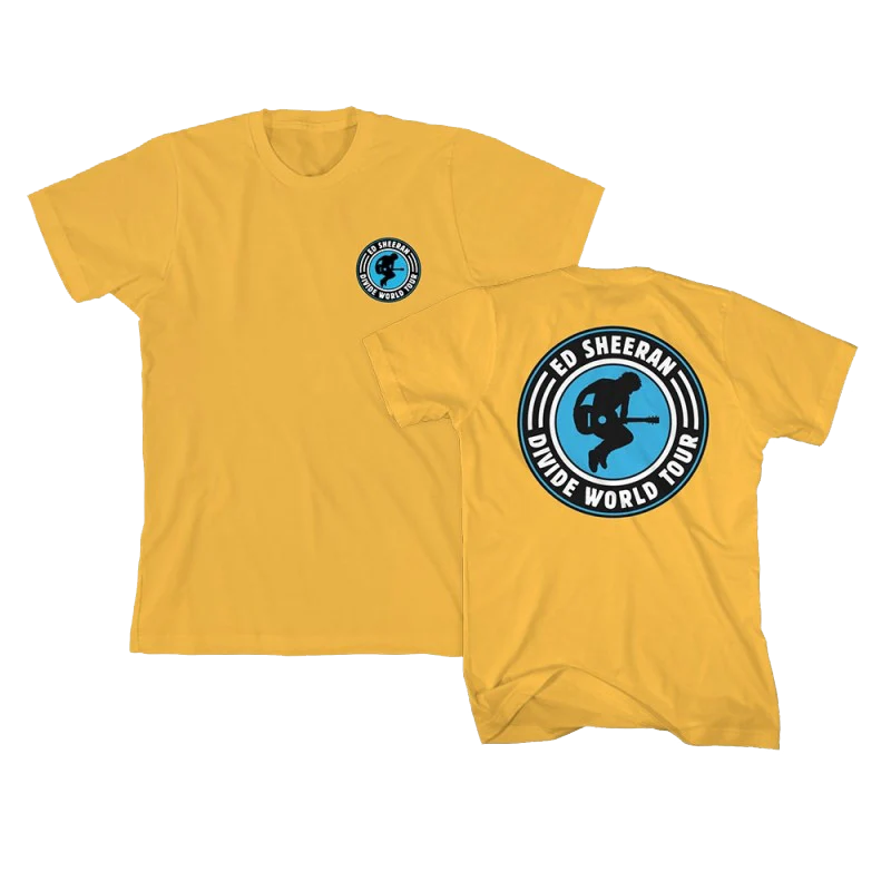 "Ed Sheeran yellow Divide World Tour graphic t-shirt with front logo and back print"