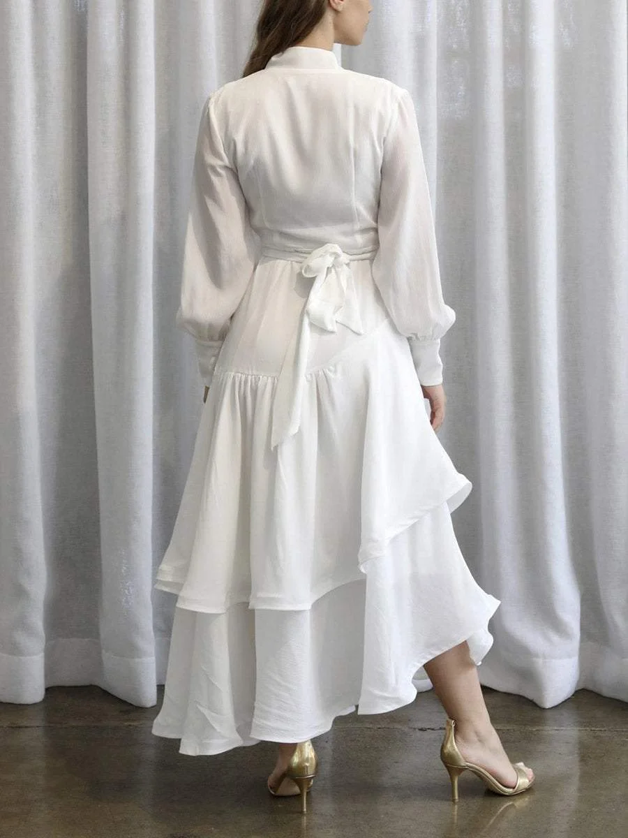 V-neck solid color long-sleeved dress