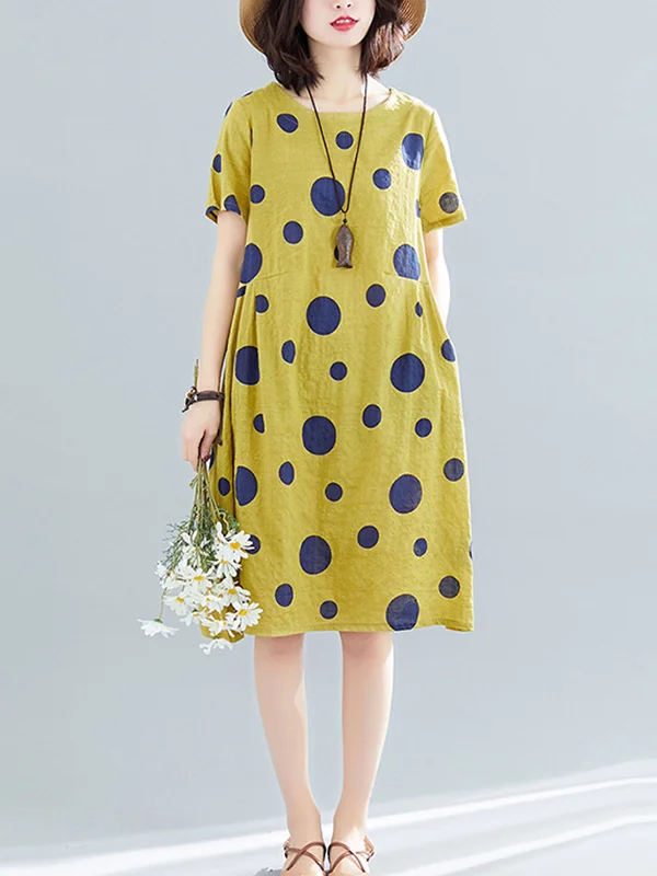 Artistic Polka-Dot Ramie Cotton Loose Short Sleeve Dress