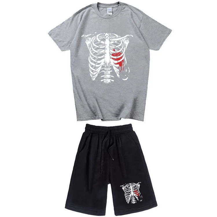 Dark Skeleton Print Casual Sports Short Sleeve Shorts Set at Hiphopee