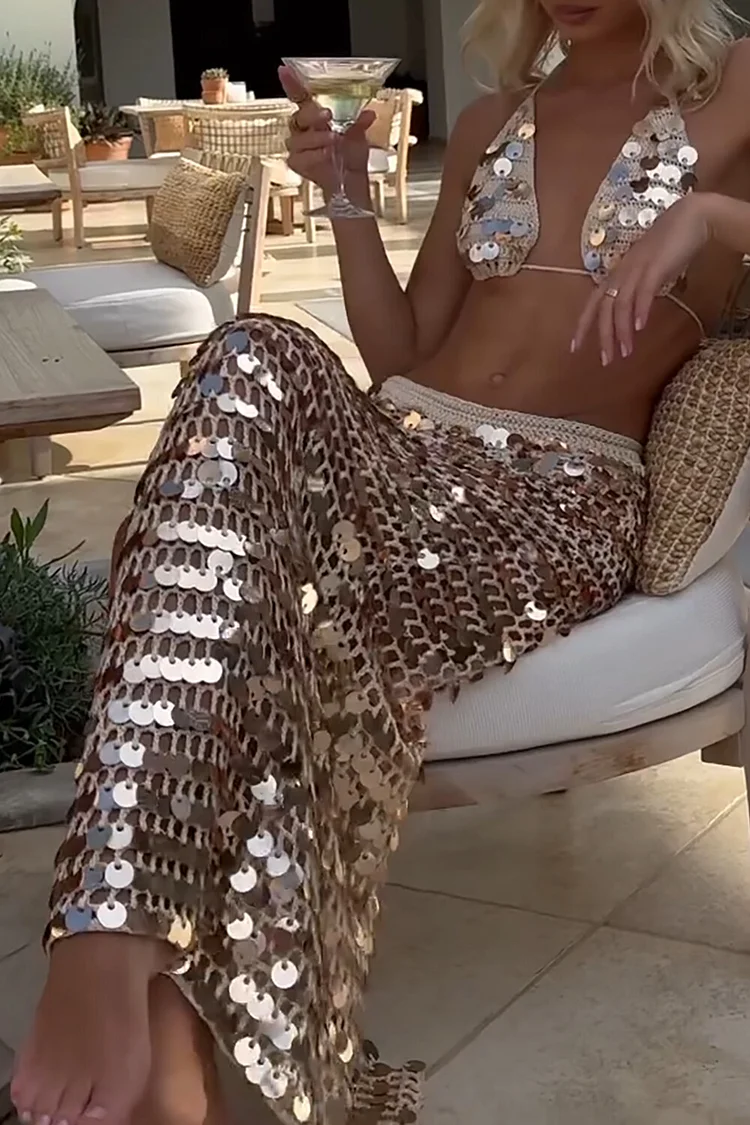 Sequin Decor Knit Halter Bra Fitted Maxi Skirt 2pcs Set-Champagne [Pre Order]