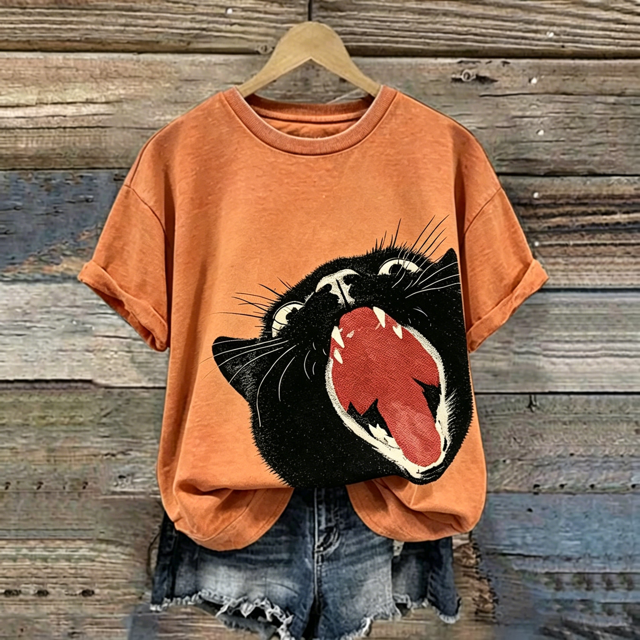 Comstylish Abstract Creative Black Cat Graphic Casual T-shirt