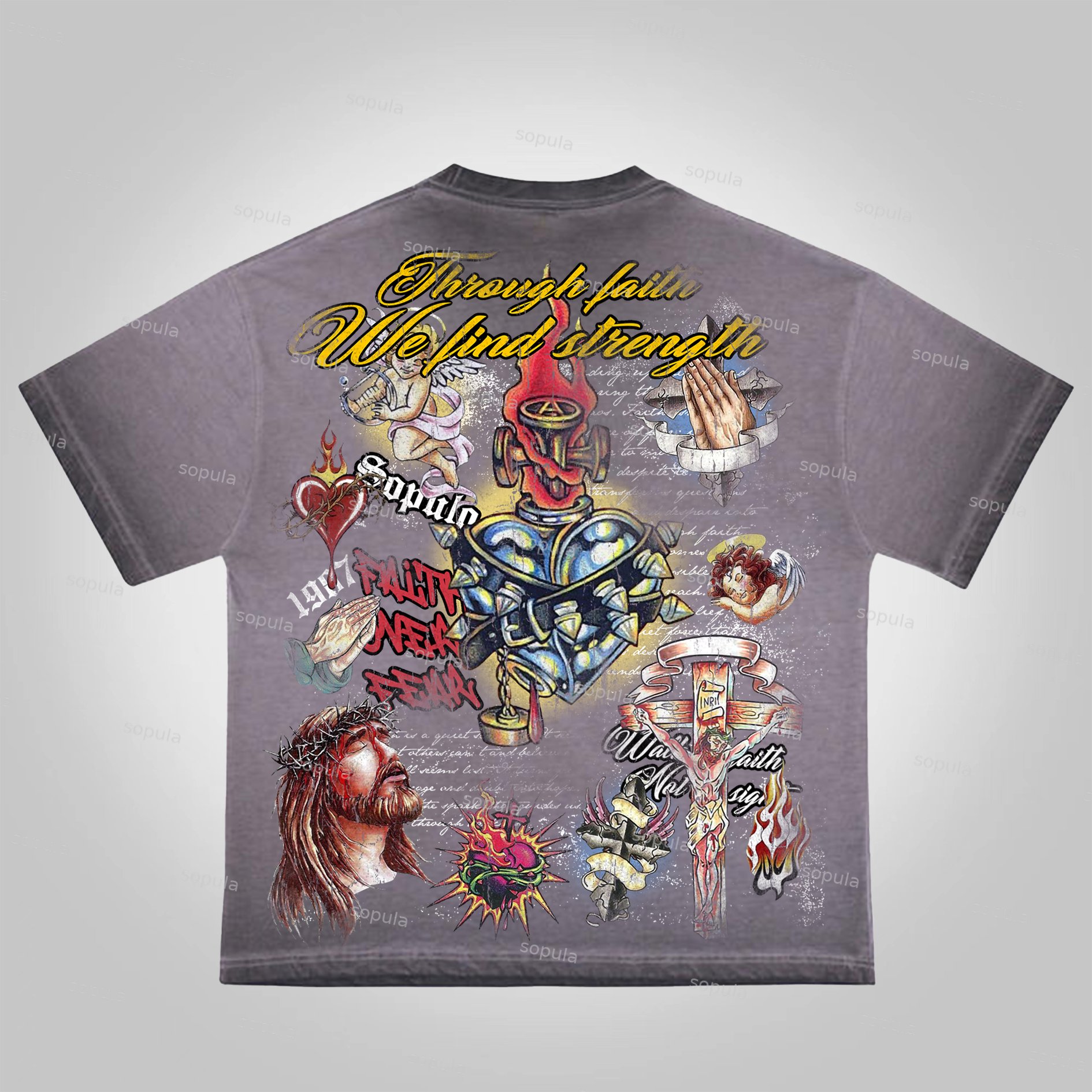 Sopula Faith In Jesus Collage Vintage Graphics Washed Cotton T-Shirt