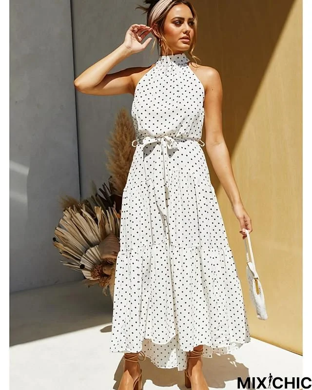 Women's Swing Dress Maxi Long Dress Sleeveless Polka Dot Hot White Black Red Green White Dresses