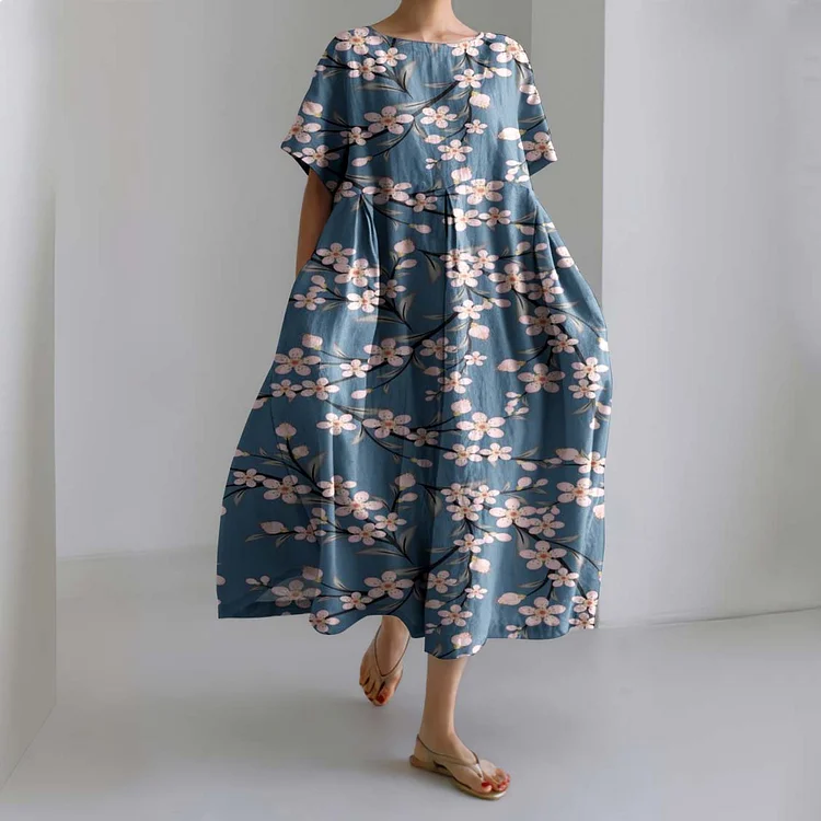 Women Japanese Art Floral Linen Blend Maxi Dress