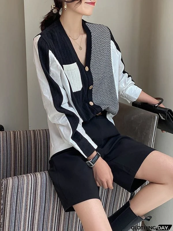 Urban Long Sleeves Contrast Color Split-Joint V-Neck Cardigan Tops