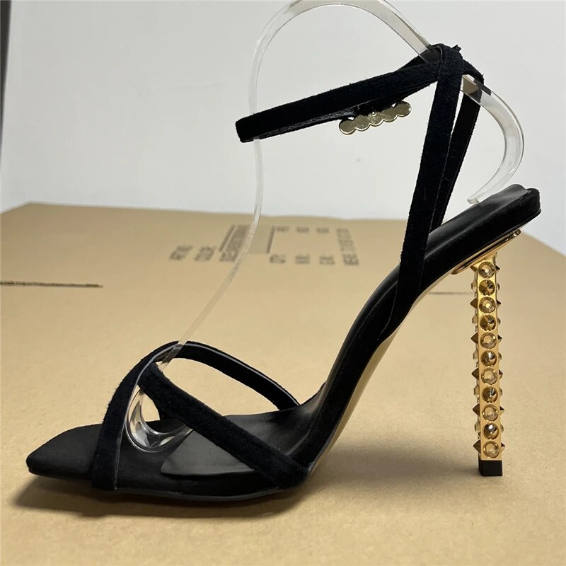 VCSHOES Individual Rivet Decor Strange Heel Sandals Women Suede Cross Narrow Band Ankle Strap Party Shoes