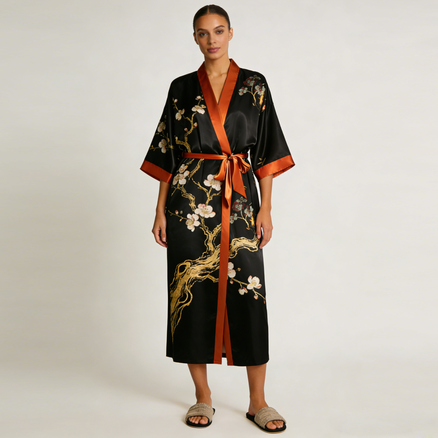 Silk Robe Women 100% Mulberry Silk Black Floral Japanese Kimono Elegant REAL SILK LIFE