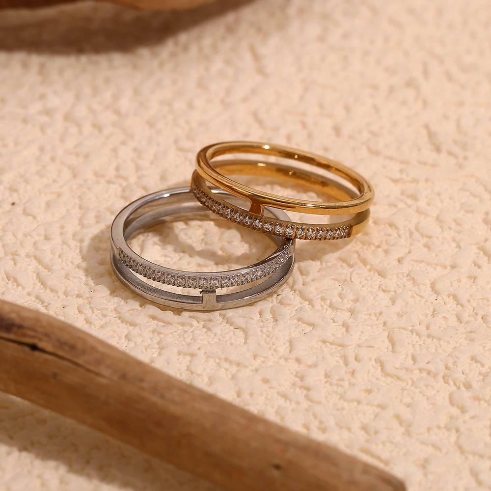 Fashionable And Personalized Niche Popular Jewelry Stainless Steel Plated 18K Gold Simple Double-Layer Diamond Ring For Women