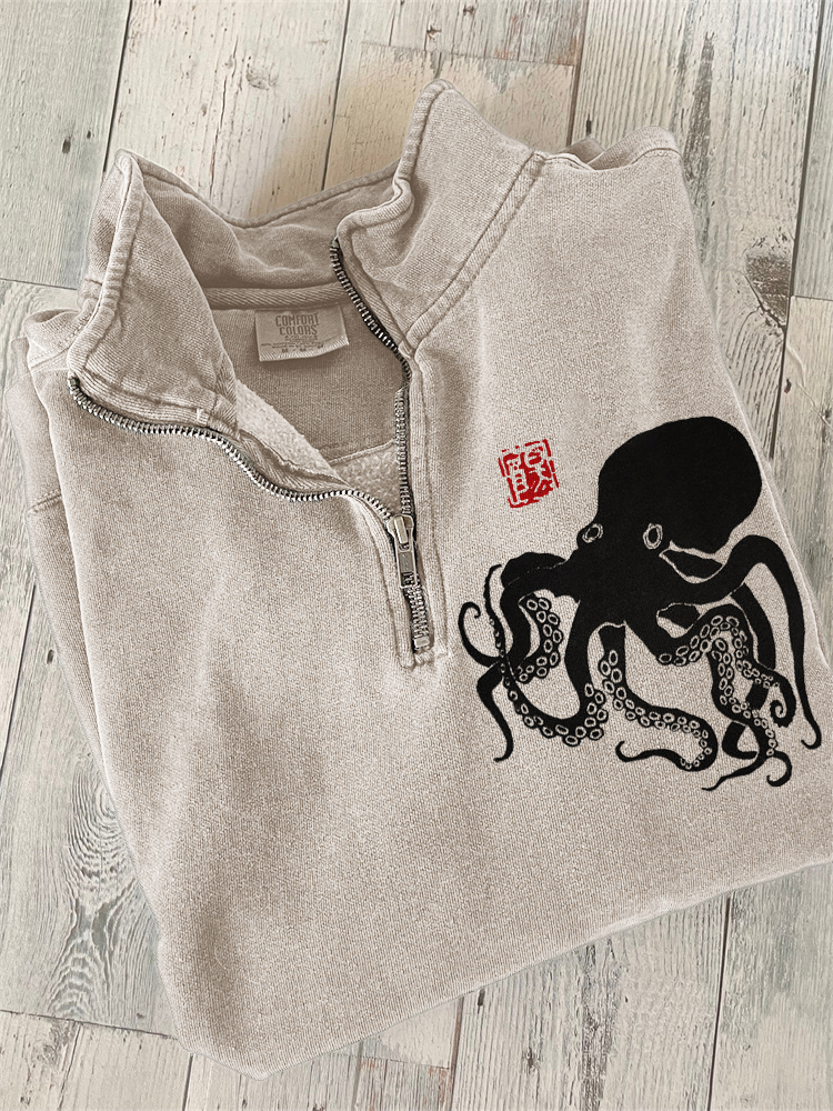 Octopus Japanese Lino Art Zip Up Sweatshirt