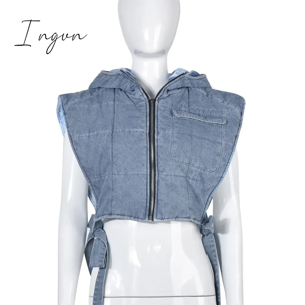 Ingvn - Winter Sleeveless Side Lace Up Vest Jacket Zipper Denim Hoodies Streetwear Women Clothing