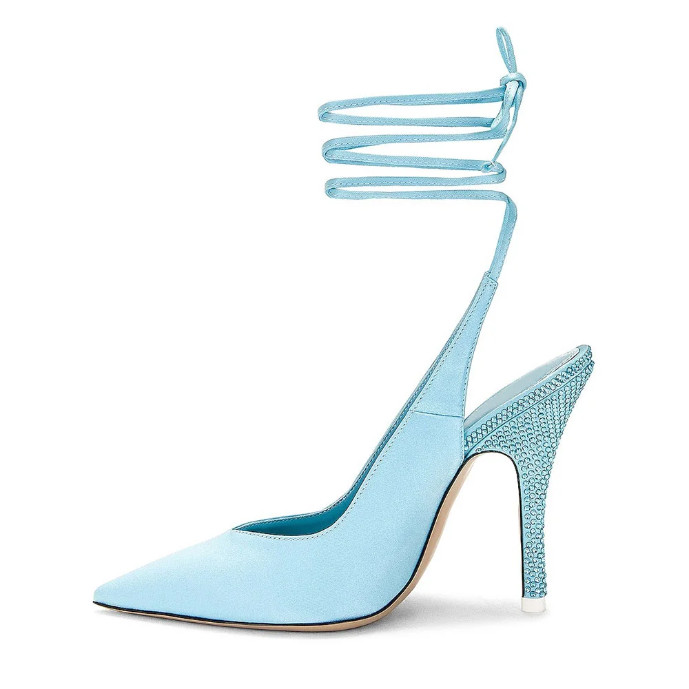 Sky Blue Pointed Toe Stiletto Heel Lace Up Pumps Shoes with Rhinestone