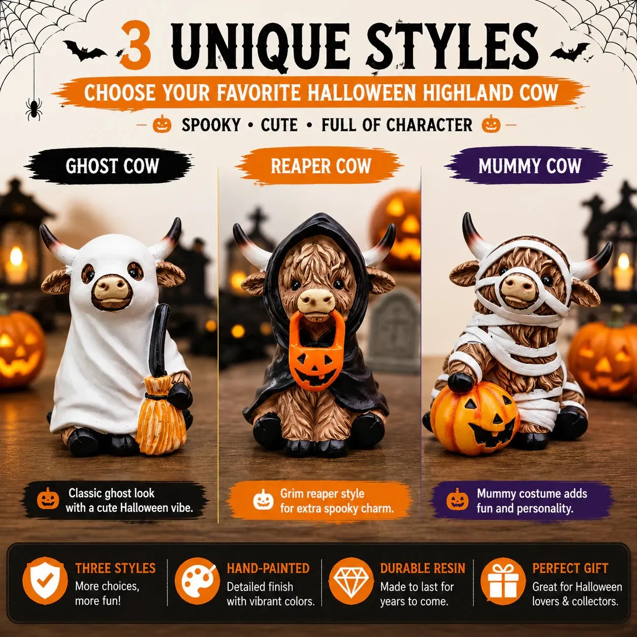 Three Halloween Highland Cow Figurine Styles