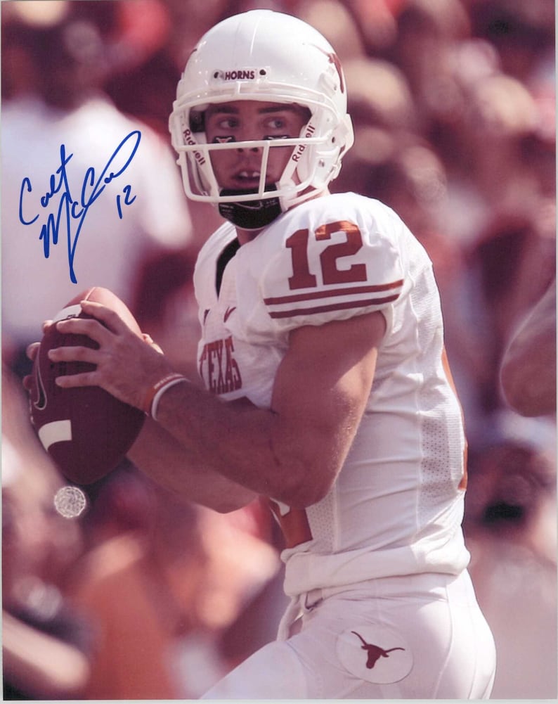 Colt McCoy Signed Autographed Glossy 8x10 Photo Poster painting Texas Longhorns - COA Matching Holograms