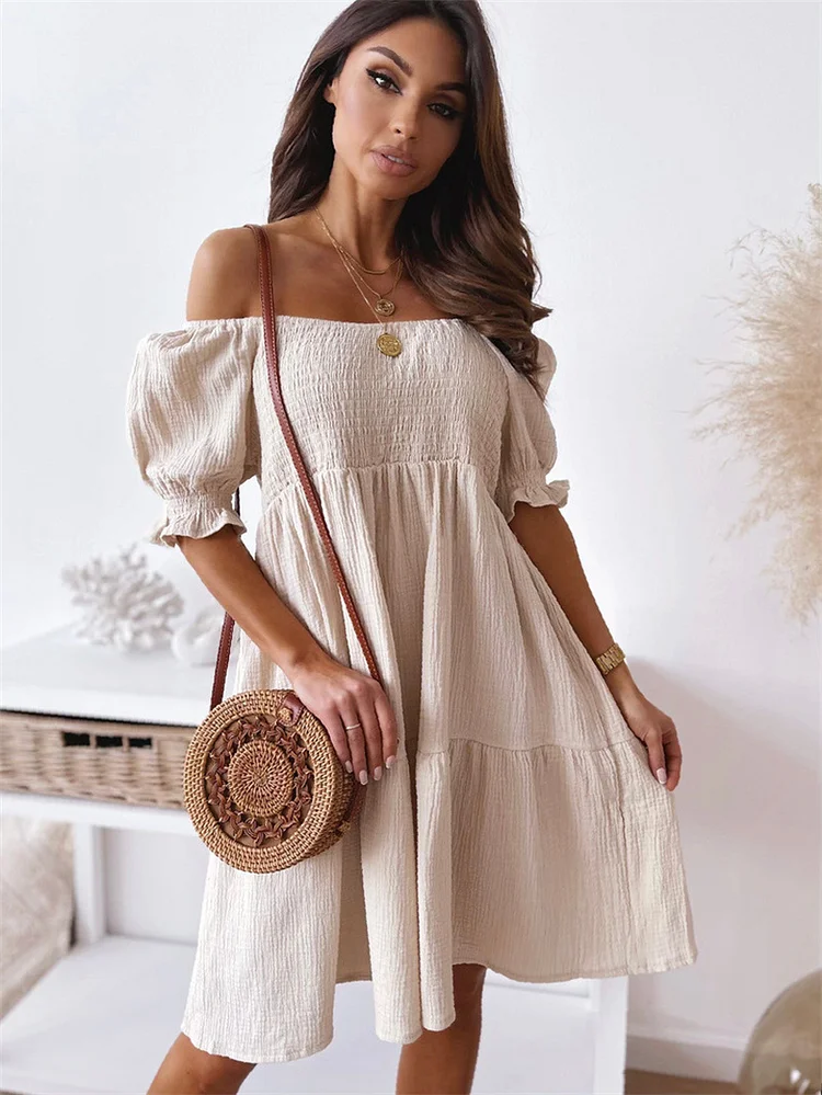 Sexy Slant Neck Pleated Puff Sleeves Backless Party Elegant Solid Color Mini Dress