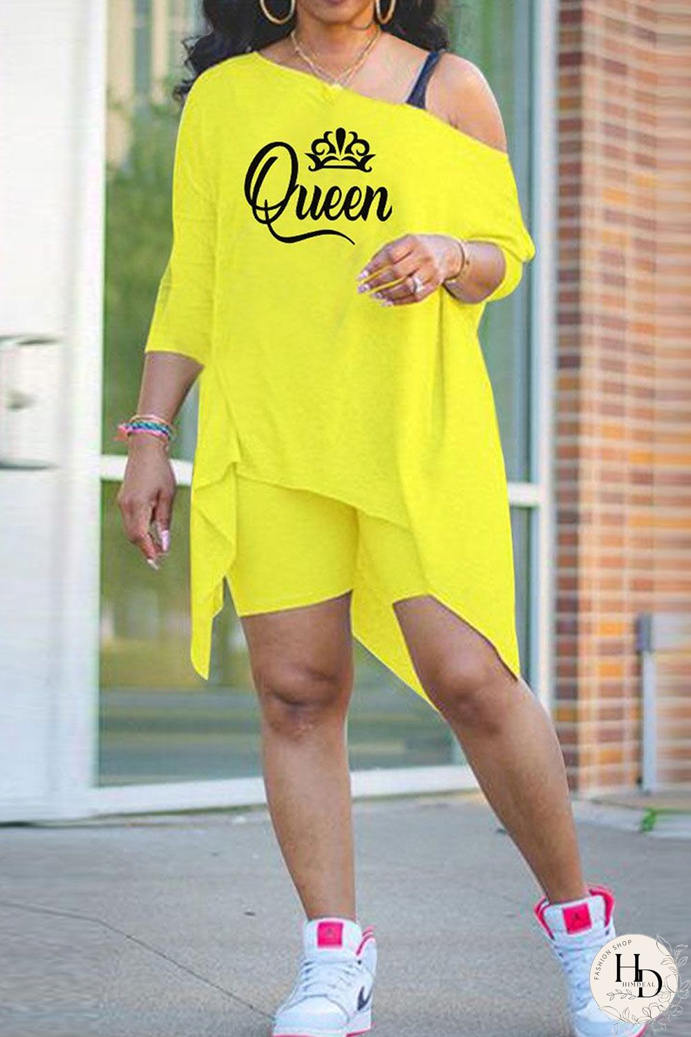 Yellow Fashion Letter Print Patchwork Asymmetrical Oblique Collar Two Pieces