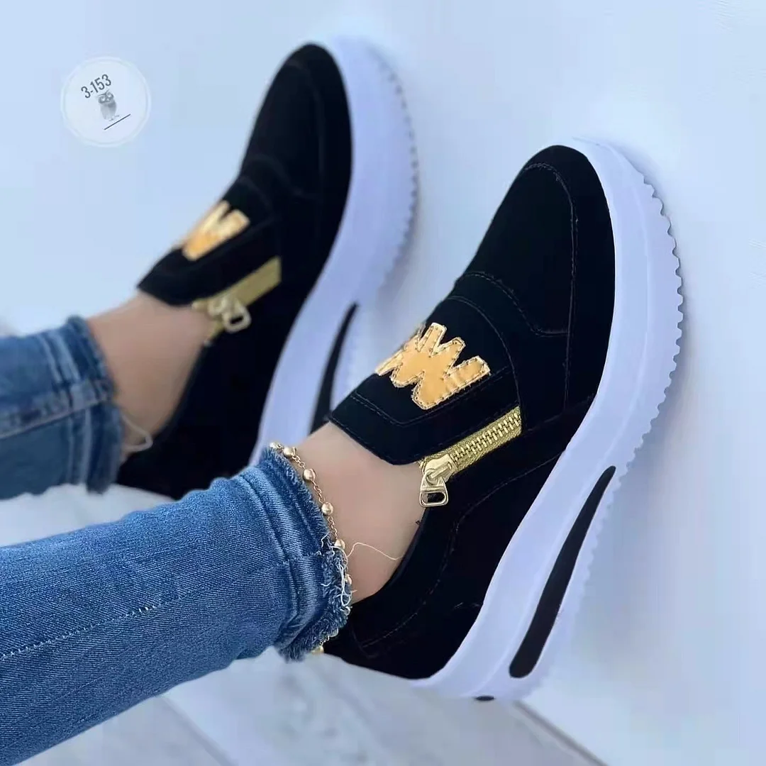 Yyvonne New Large-Size Sports Single Shoe Pine Cake Flat Bottom Zipper Solid Color Casual Sneakers