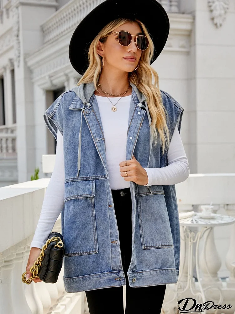 Hooded Sleeveless Denim Top with Pockets