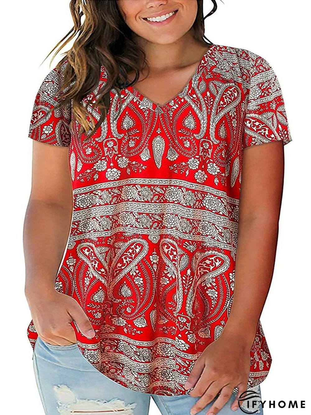 Women's Plus Size Floral Tops V Neck T-Shirts Short Sleeve Casual Tees | IFYHOME