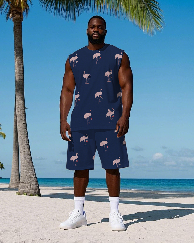 Men's Big Size Cartoon Red-crowned Crane Printed Hawaiian Vest and Shorts Set