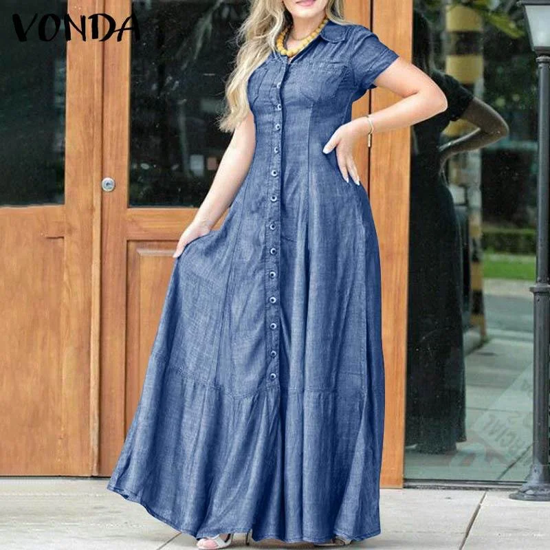 VONDA Summer Elegant Denim Dress 2022 Short Sleeve Lapel Button Down Pure Shirt Dresses Fashion Party Vestido Loose Solid Robe