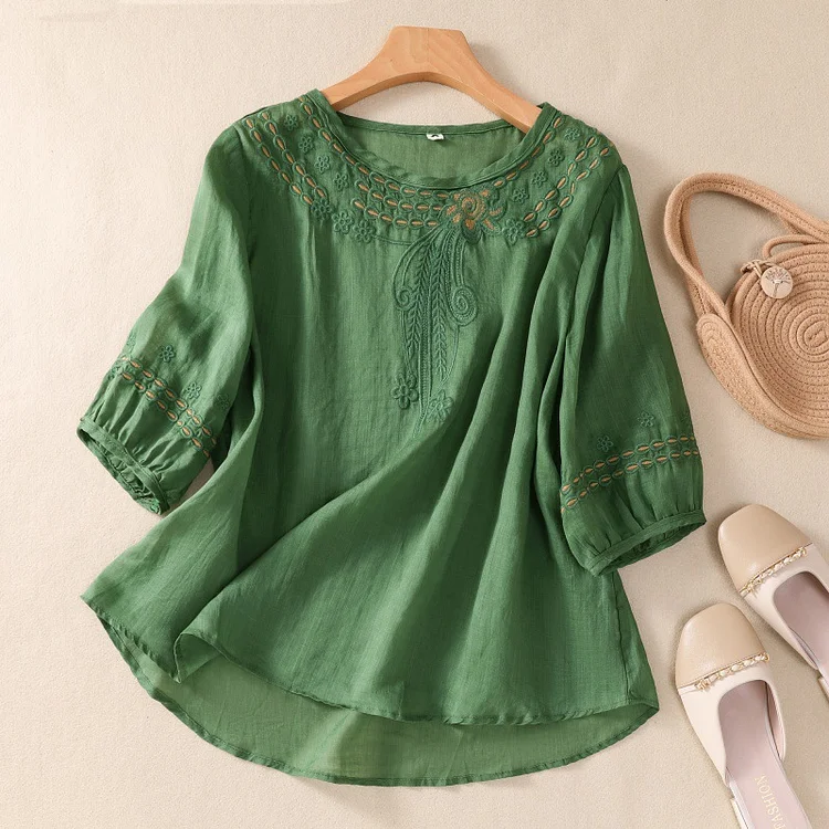 Women's Linen Blouse Embroidery Floral Crew Neck Mid Sleeve Top