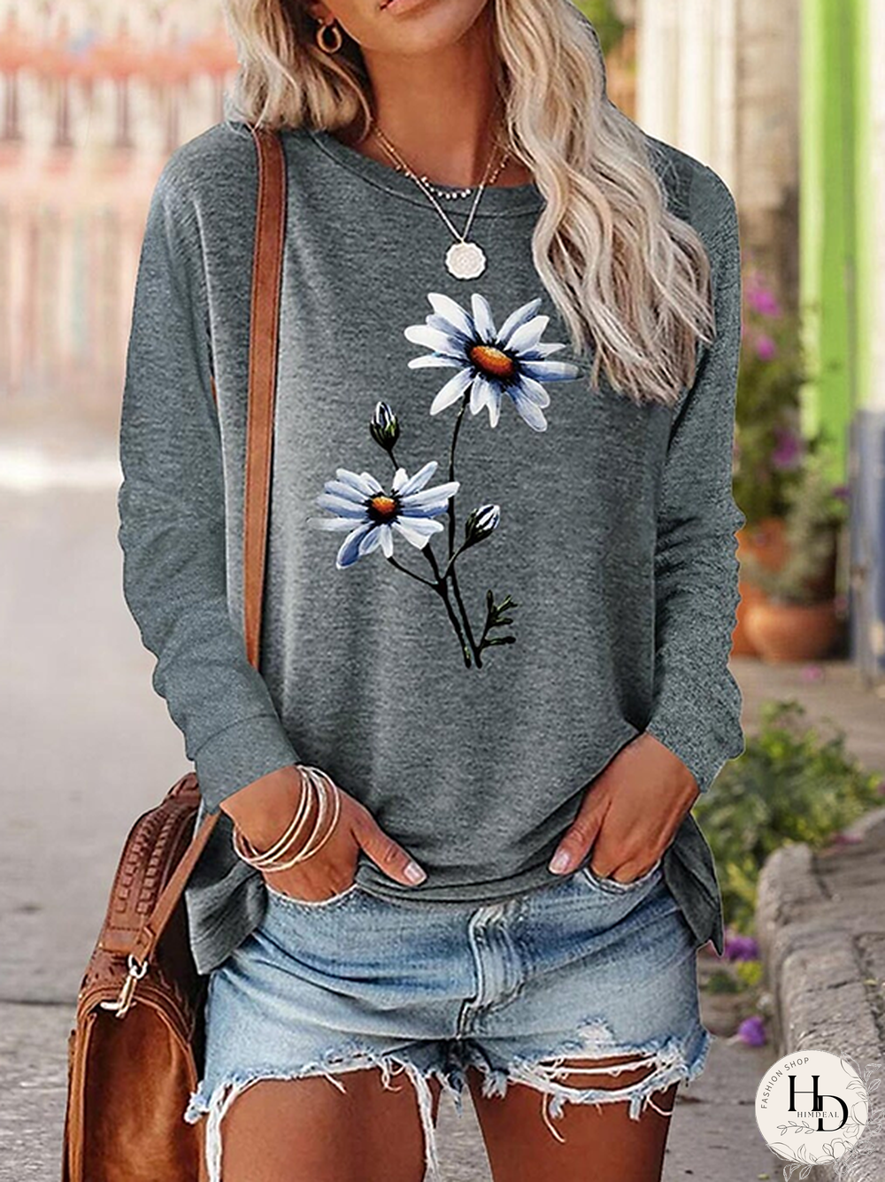 Crew Neck Long sleeve Floral Casual T-Shirt