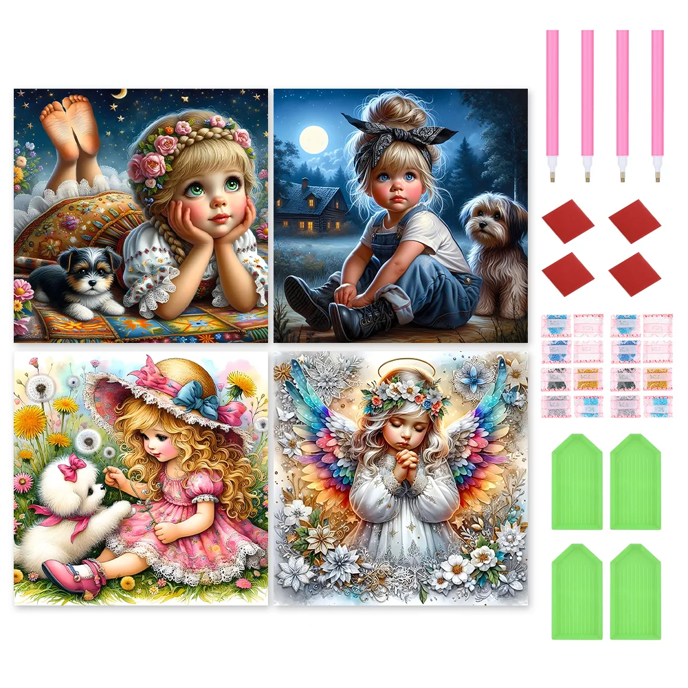 4PCS Full Round Diamond Painting - Girl(Canvas|30*30cm)