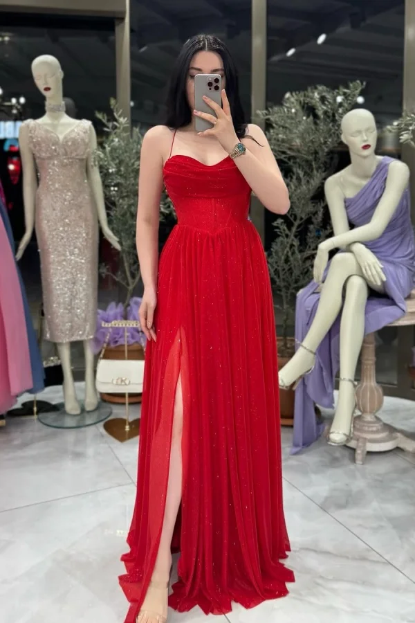  Refined Red Semi-Sweetheart Sleeveless Split Pleated Prom Dress YK0019
