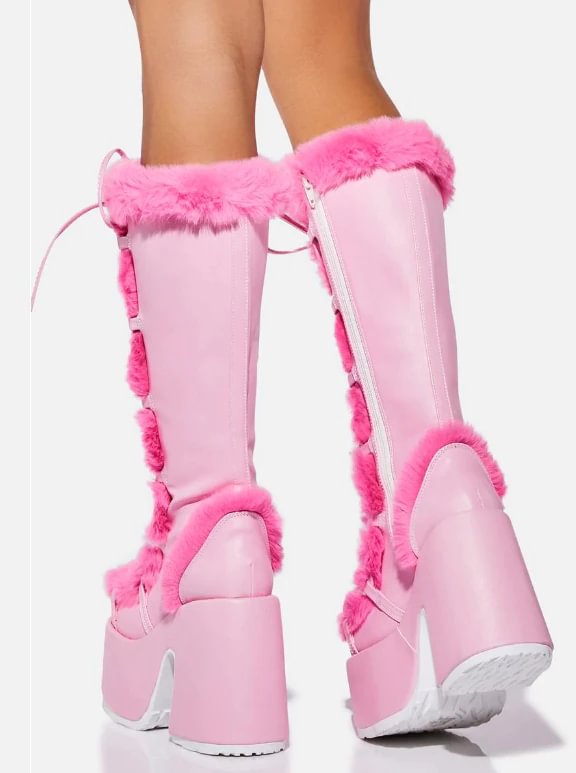 Breakj White Fur High Platform Boots High Chunky Heel Round Toe Mid Calf Boots Elegant Women Casual Outfit Winter Cross Tied Shoes