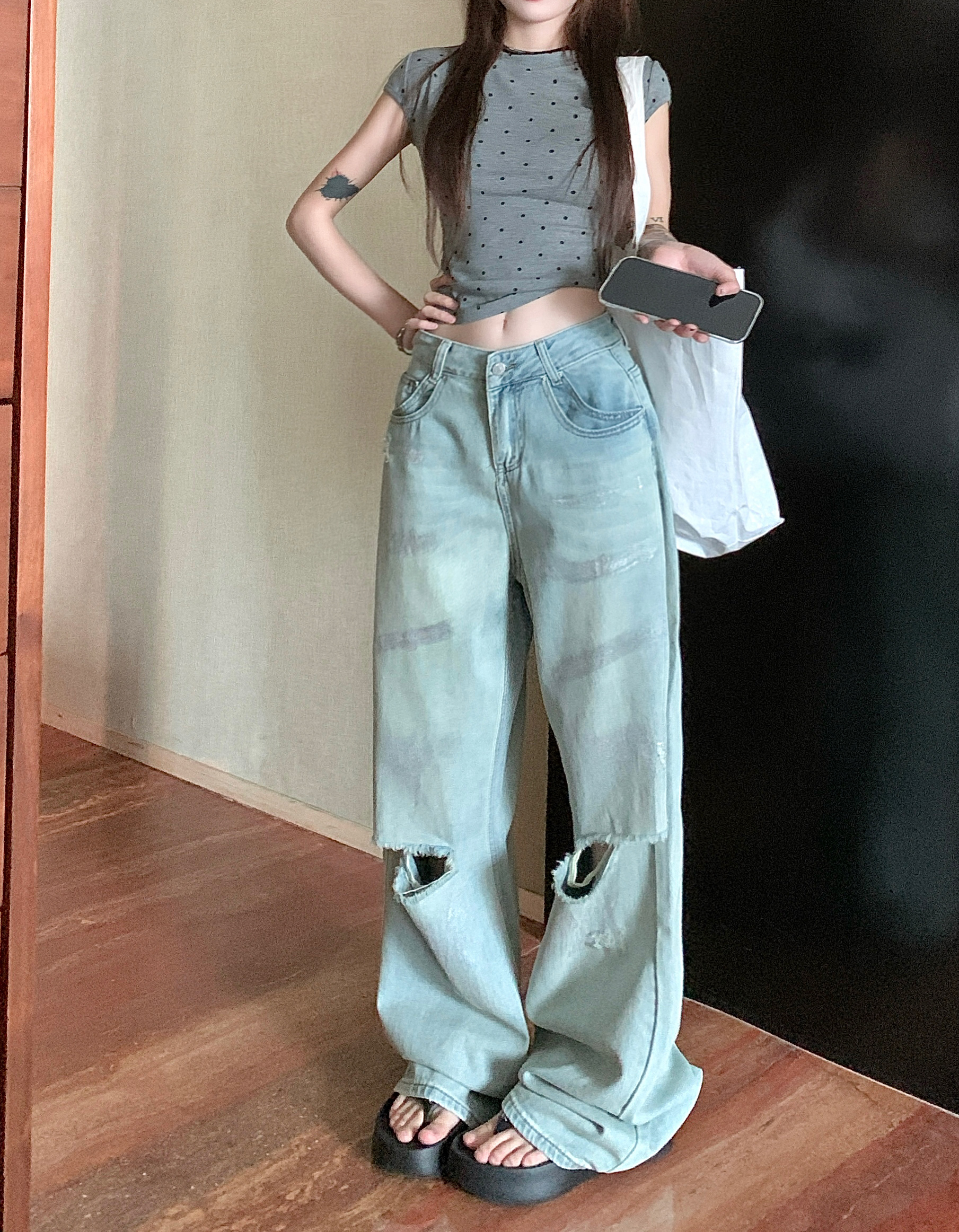 Playbrixx outfit ideas AA Y2K Baggy Hollow Out 2000s Denim Trouser Women's Washed Vintage Casual Pants Ripped High Street Retro High Waist Trashy Jeans