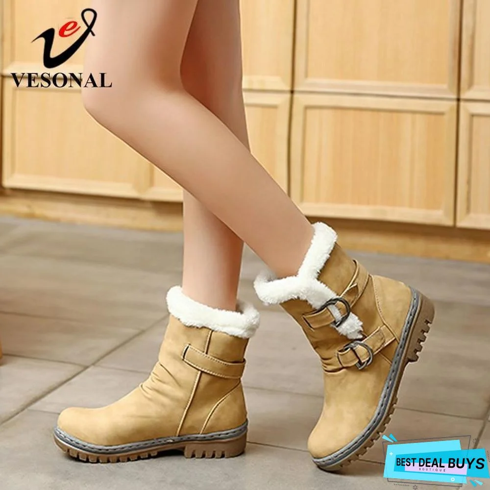 Women Leather Warm mid-calf Plush Fur Velvet Boots Booties Snow Shoes