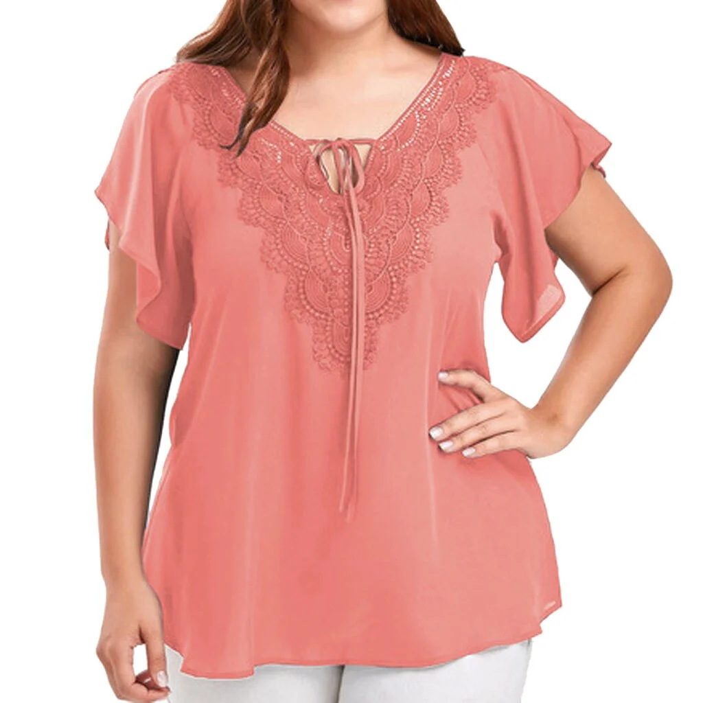 Plus Size Summer Fashion Patchwork Lace up Blouse Ladies Tops Loose Top Female Women Half Sleeve Shirt Blusas Femininas Pullover