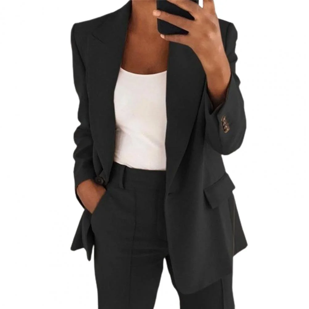UForever21 Women Suit Jacket Solid Color Slim- Fit Fashion Turndown Collar Long Sleeve Buttons Office Blazer Ladies Business Suit Coat