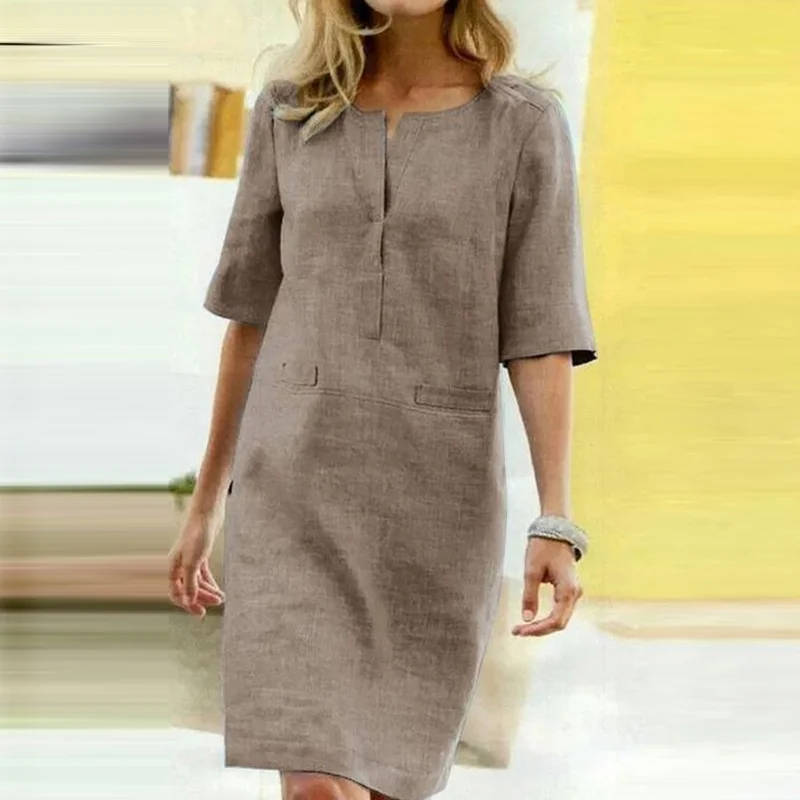 Billionm Color Button O Neck Cotton Linen Summer Dress Women Vintage Short Sleeve Pocket Knee Dress Casual Loose Plus Size Dresses