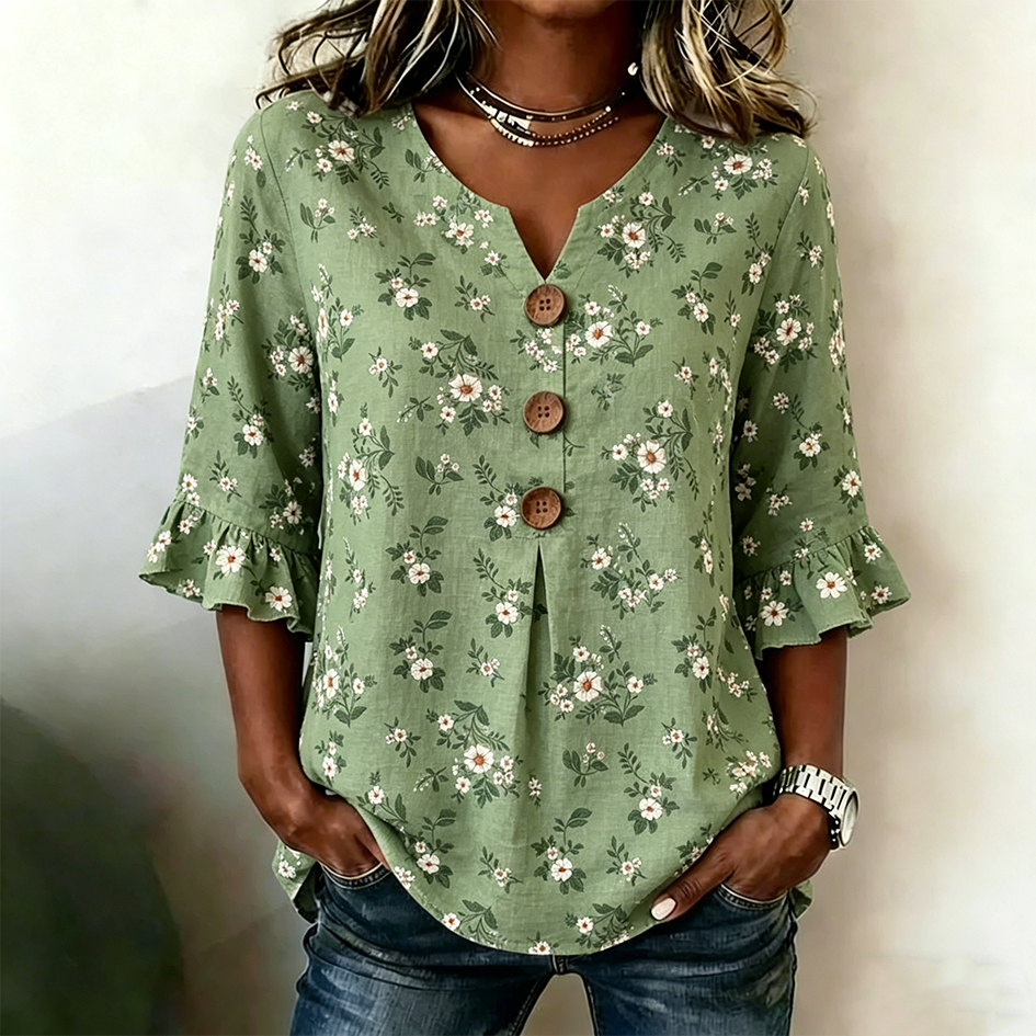 Comstylish Floral Pattern Design Women's Casual Linen Top
