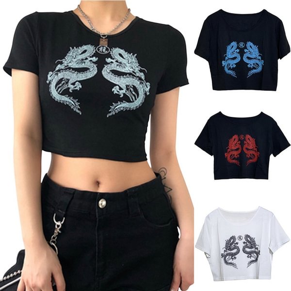 New Fashion Women Dragon Printed Graphic Tee Shirt Casual Cute Slim Short Sleeve crop Tops - Life is Beautiful for You - SheChoic