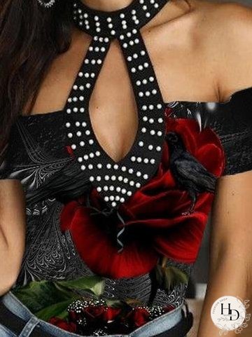 Bubble Bead Off-shoulder Halter Short Sleeves T-shirts