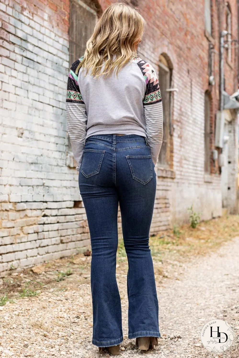 Distressed Dark Wash Flare Jeans with Wild West Graphic