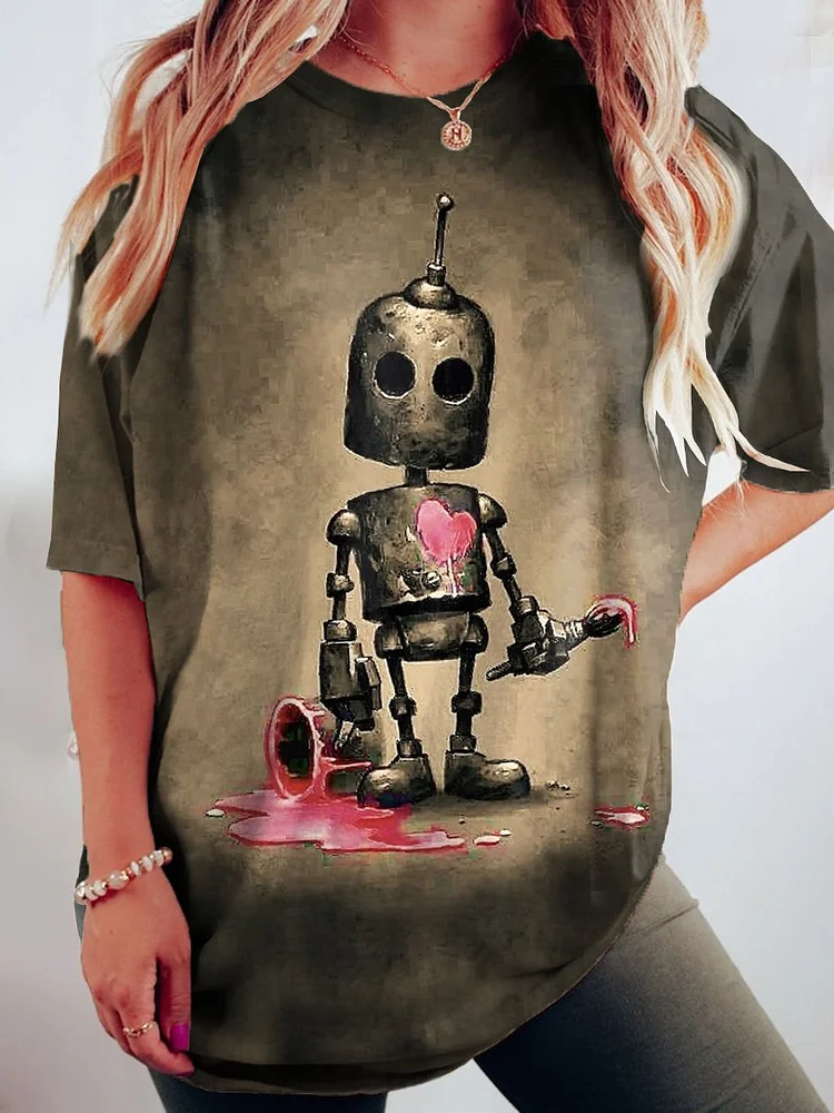 Women's Robot Art Print Crew Neck Causl Shirt